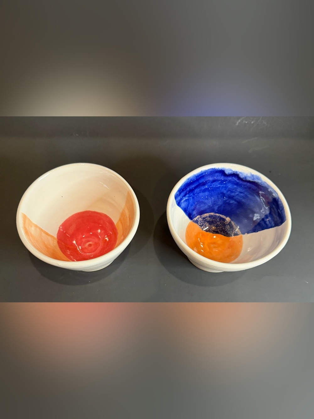 Ceramic Clay Bowls Hand Crafted Two Signed Art Pottery  Blue 5” Blue Orange Red